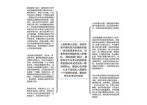 人生的最大悲剧，就是孜孜不倦的努力却最终失败！成功有很多种方式，但是失败的原因却惊人的相似。 据权威部门统计，最影响专升本考试的因素竟然是面对考试时没有一颗淡然的心。那些心态浮躁，心志不坚定的人很难有一个理想的成绩。要想在专升本考试中取得