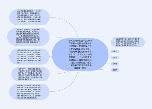 今天给同学们说一说2018年专升本考试专业课备考记忆技巧。如果同学们对于专业课知识点记不住，可能是缺乏相应的备考记忆技巧。 从记忆规律的角度来讲，一个人对所要记忆的知识，理解得越深刻，记忆效果就越好。因此，考生对于所学知识要搞清弄懂，特别