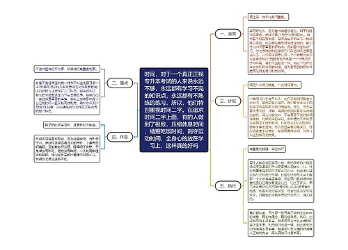 时间，对于一个真正正视专升本考试的人来说永远不够，永远都有学习不完的知识点，永远都有不熟练的练习，所以，他们特别重视时间二字。在追求时间二字上面，有的人做到了极致，压缩休息时间，缩短吃饭时间，剥夺运动时间，全身心的放在学习上，这样真的好吗思维导图