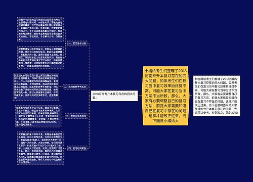 小编给考生们整理了2018河南专升本复习存在的四大问题。如果考生们在复习当中复习效率始终提不高，可能大家在复习当中方法不当所致。那么，大家有必要调整自己的复习方法，前提大家需要知道自己在复习中存在的问题，这样才能改正过来。而下面是小编给大