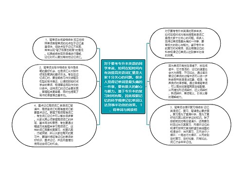 对于要考专升本英语的同学来说,如何在短时间内有效提高英语词汇量是大家十分关心的问题。很多人觉得记单词是最头痛的一件事,要有极大的耐心与毅力。鉴于专升本的复习时间有限,因此根据记忆的科学规律记忆单词以达到事半功倍的效果。 1、背单词与阅读相 对于要考专升本英语的同学来说,如何在短时间内有效提高英语词汇量是大家十分关心的问题。很多人觉得记单词是最头痛的一件事,要有极大的耐心与毅力。鉴于专升本的复习时间有限,因此根据记忆的科学规律记忆单词以达到事半功倍的效果。 1、背单词与阅读相