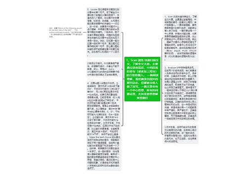 1、Scan 浏览 快速扫描全文，了解全文大意。主要通过读首尾段，中间段落的首句（或者加上尾句）进行信息摄入。 一篇阅读理解，虽然摘录自国外的期刊杂志，但都被出卷人做了改写，一篇文章会有一个中心思想，所有的问题设置，尤其是意思理解类型题目