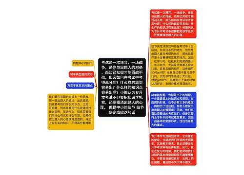 考试是一次博弈、一场战争,是你与出题人的对垒,而知己知彼才能百战不殆,那么如何在考试中考得高分呢?什么样的题型容易出?什么样的知识点容易出呢?小编认为专升本考试不但要把知识学扎实,还要摸清出题人的心理。 做题中小的细节 细节决定成败这句话 考试是一次博弈、一场战争,是你与出题人的对垒,而知己知彼才能百战不殆,那么如何在考试中考得高分呢?什么样的题型容易出?什么样的知识点容易出呢?小编认为专升本考试不但要把知识学扎实,还要摸清出题人的心理。 做题中小的细节 细节决定成败这句话