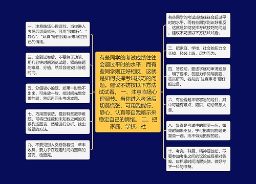 有些同学的考试成绩往往会超过平时的水平，而有些同学则正好相反，这就是如何发挥考试技巧的问题。建议不妨按以下方法试试看。 一、注意临场心理调节。当你进入考场后切莫慌张，可用我能行、静心、认真等自我暗示来稳定自己的情绪。 二、把家庭、学校、社