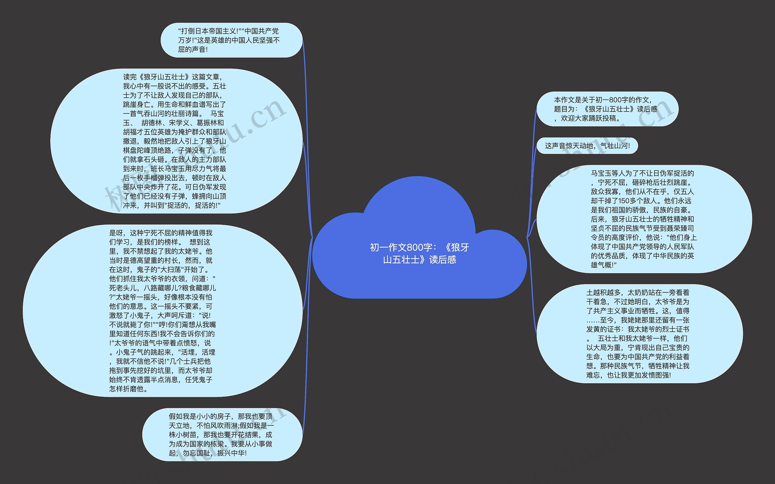 初一作文800字：《狼牙山五壮士》读后感思维导图