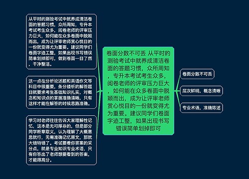 卷面分数不可丢 从平时的测验考试中就养成清洁卷面的答题习惯，众所周知，专升本考试考生众多，阅卷老师的评审压力巨大，如何能在众多卷面中脱颖而出，成为让评审老师赏心悦目的一份就变得尤为重要。建议同学们卷面字迹工整，如果出现书写错误简单划掉即可