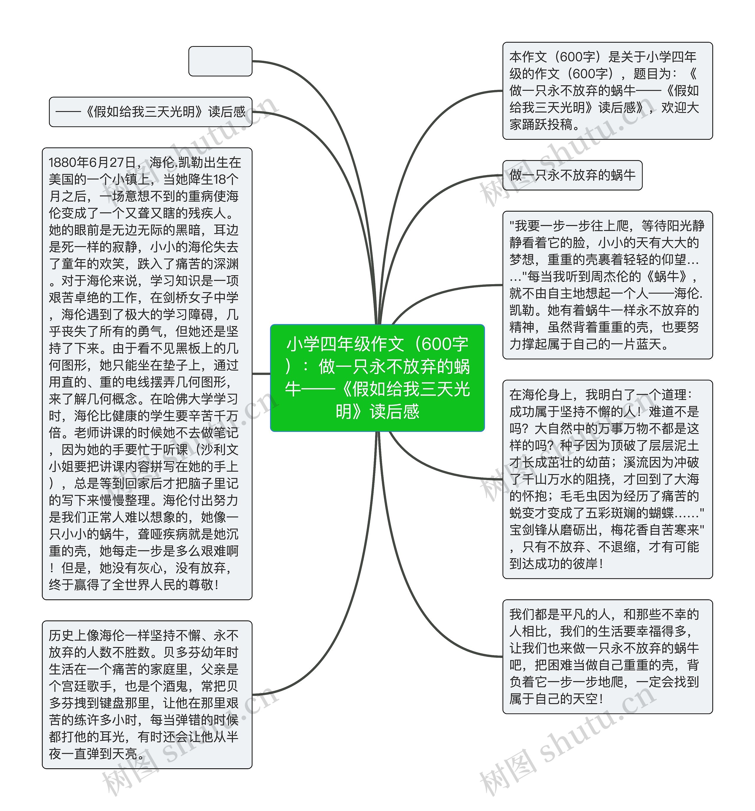 小学四年级作文（600字）：做一只永不放弃的蜗牛——《假如给我三天光明》读后感思维导图