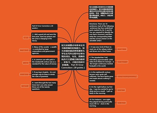 短文改错重点考查考生对书面语篇的校验能力。短文改错的错误类型通常为学生在写作过程中经常出现的词法、句法、语篇结构及行文逻辑方面的错误。多练习，才能总结其中的规律。 Part Ⅳ Error Correction ( 20 points )