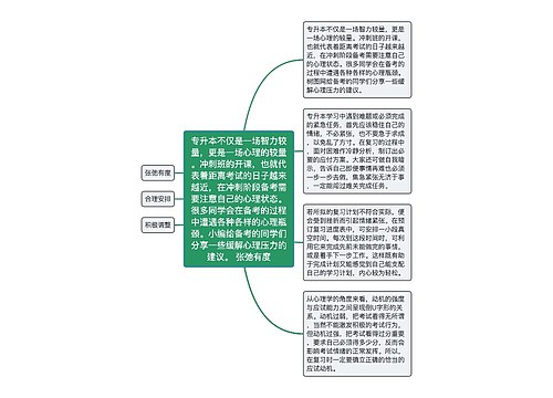 专升本不仅是一场智力较量，更是一场心理的较量。冲刺班的开课，也就代表着距离考试的日子越来越近，在冲刺阶段备考需要注意自己的心理状态。很多同学会在备考的过程中遭遇各种各样的心理瓶颈。小编给备考的同学们分享一些缓解心理压力的建议。 张弛有度