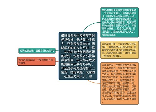 最近很多考生反应复习时经常分神，无法集中注意力；还有很多同学说：明明学习的时长与平时一样，却总是有特别困倦乏顿的感觉；也有很多小伙伴微信留言，每天都无数次的提醒自己要专心学习，却还是事与愿违综合以上情况，结论就是：大家的心理压力太大了，需