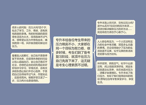 专升本给各位考生带来的压力确实不小，大家都在同一个目标为努力着，很多时候，考生们到了备考复习阶段，就顶不住压力自己先败下来了，这无疑是考生心理素质不过硬。