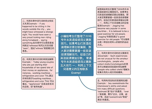 小编给考生们整理了2018专升本英语阅读词义猜测技巧。如果考生们英语阅读理解还是比较薄弱，那大家还需要掌握一些英语阅读理解技巧，给自己的英语阅读增加分数。 普通专升本英语阅读词义猜测五大技巧 一、利用上下文词语意义的互相联系 Exampl