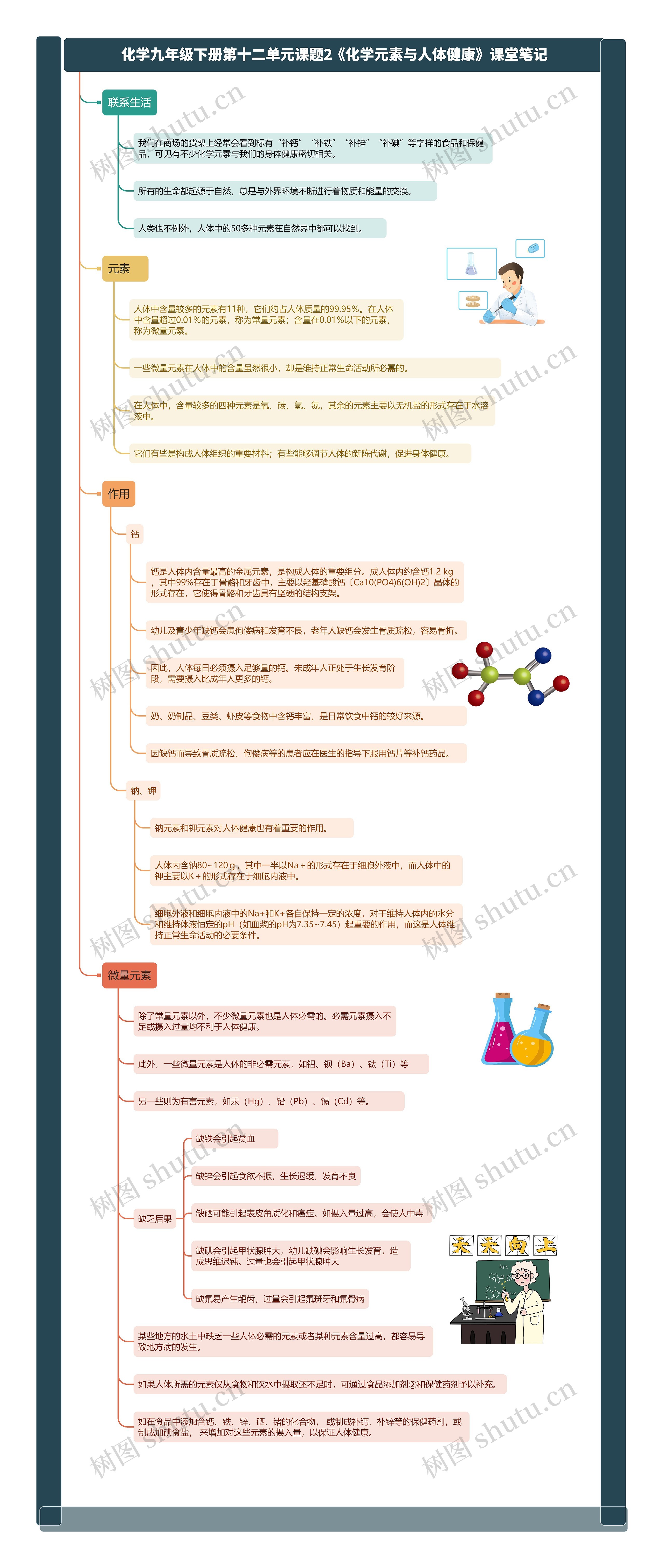 化学九年级下册第十二单元课题2《化学元素与人体健康》课堂笔记思维导图高清图 化学九年级下册第十二单元课题2《化学元素与人体健康》课堂笔记思维导图