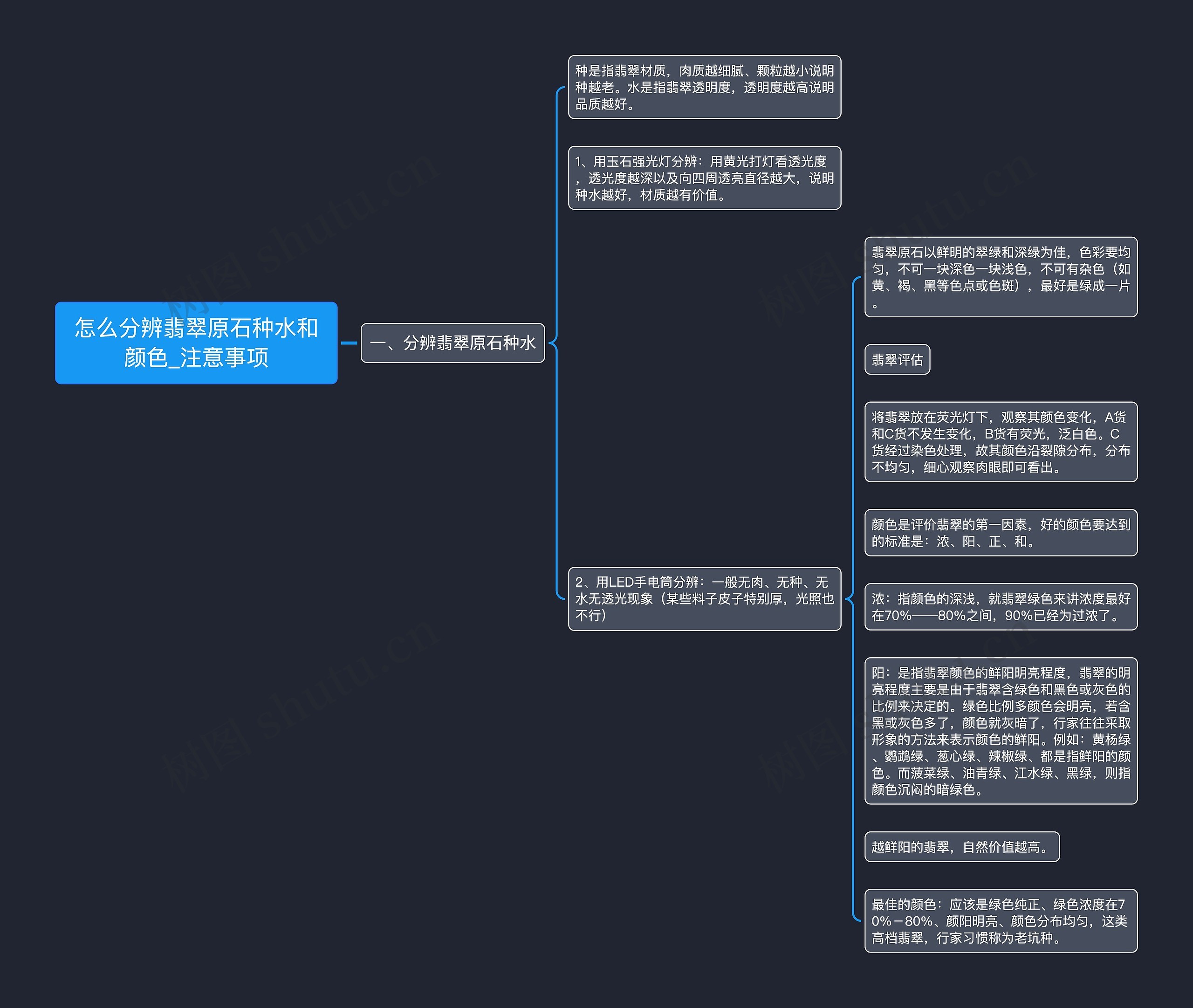 怎么分辨翡翠原石种水和颜色_注意事项思维导图