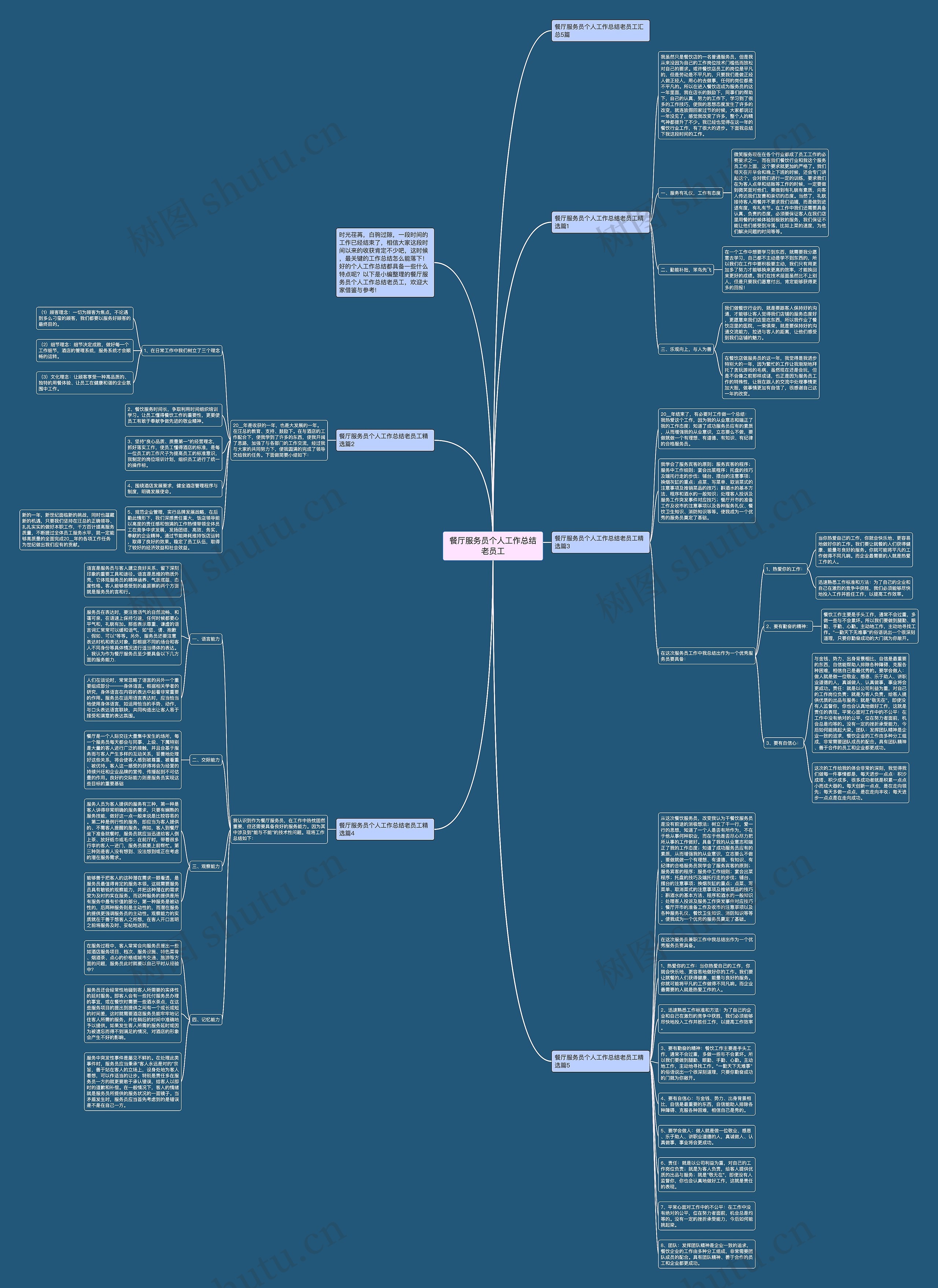 餐厅服务员个人工作总结老员工思维导图