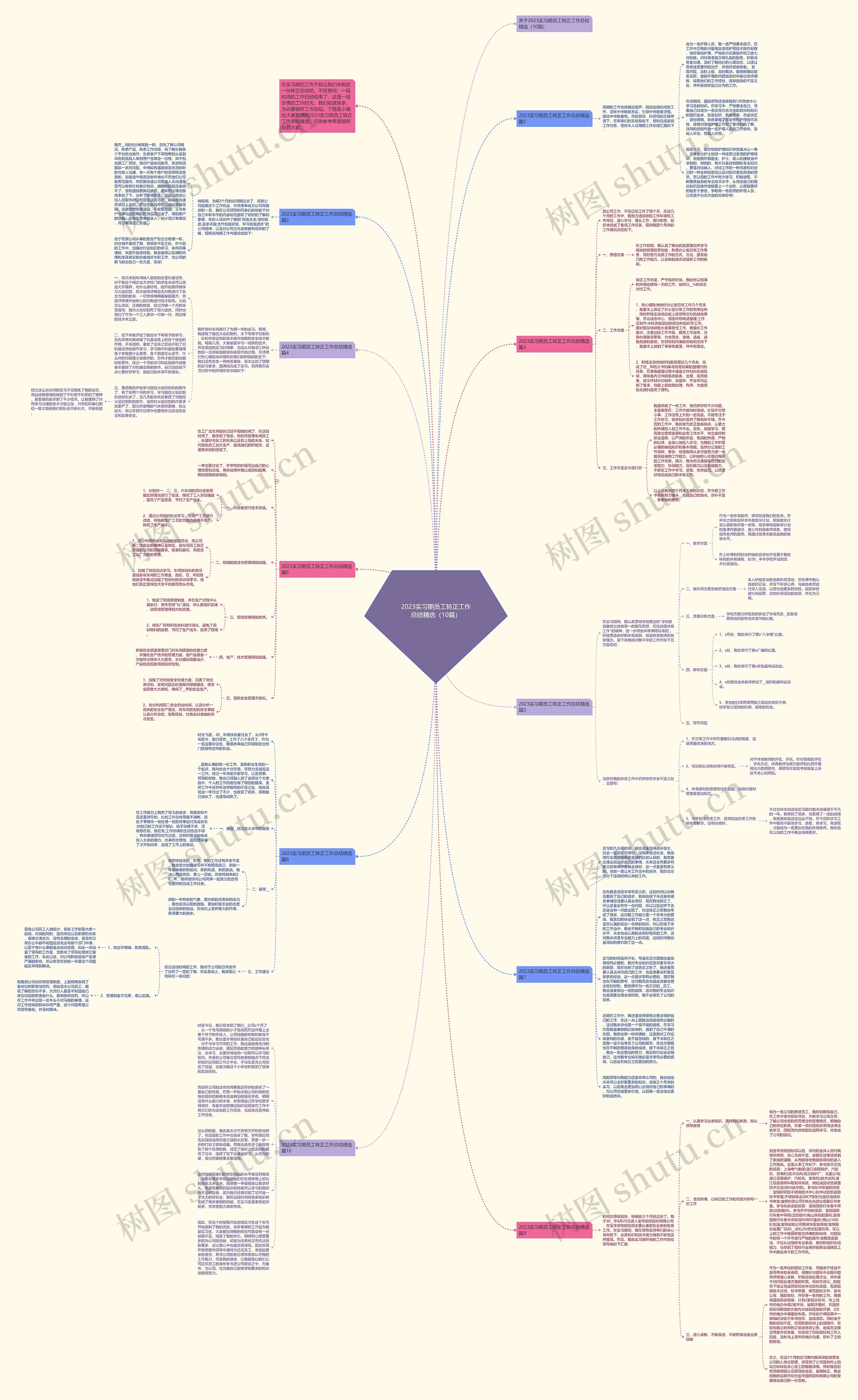 2023实习期员工转正工作总结精选（10篇）思维导图