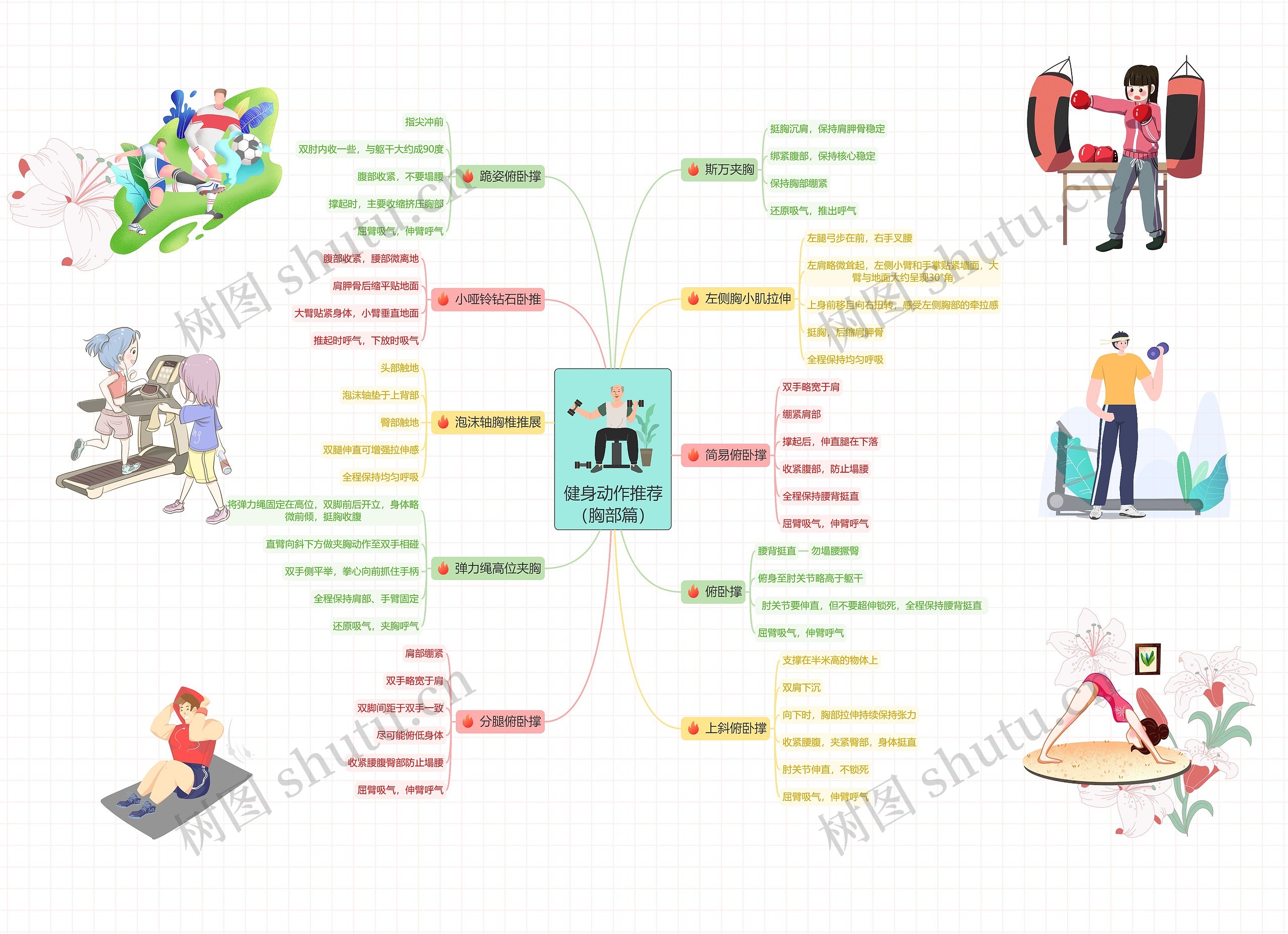 健身动作推荐(胸部篇)思维导图高清图 健身动作推荐(胸部篇)思维导图