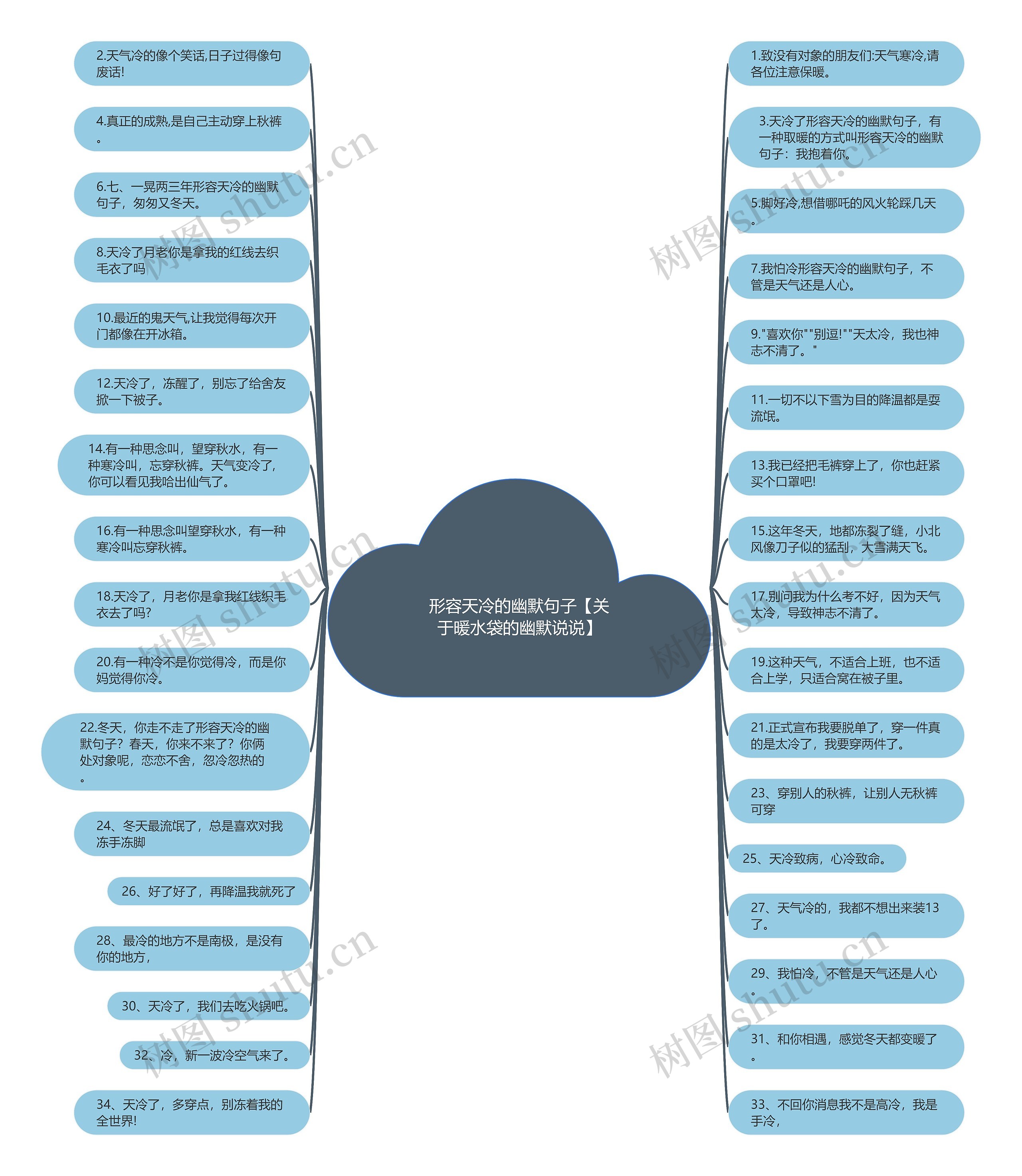 形容天冷的幽默句子【关于暖水袋的幽默说说】思维导图