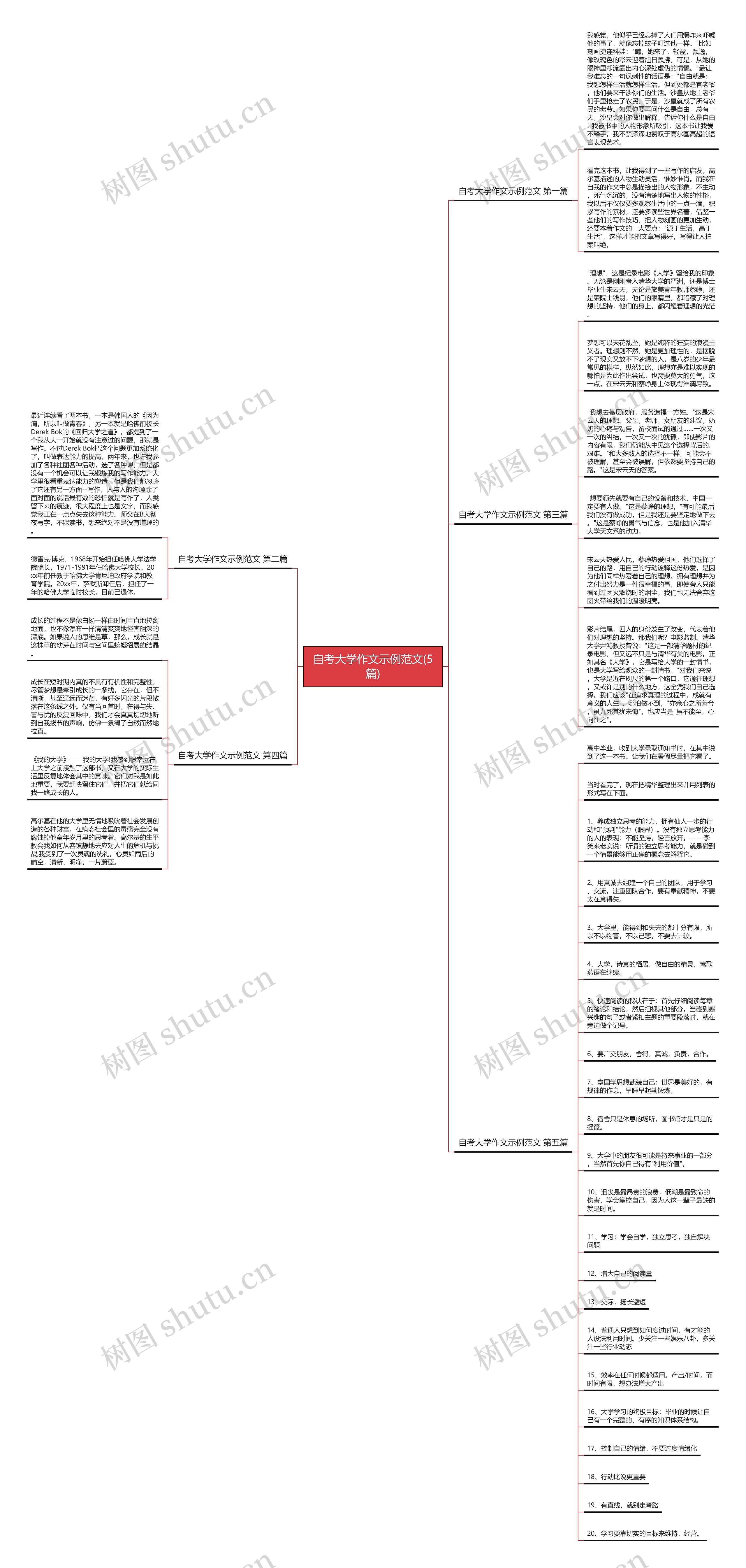 自考大学作文示例范文(5篇)思维导图