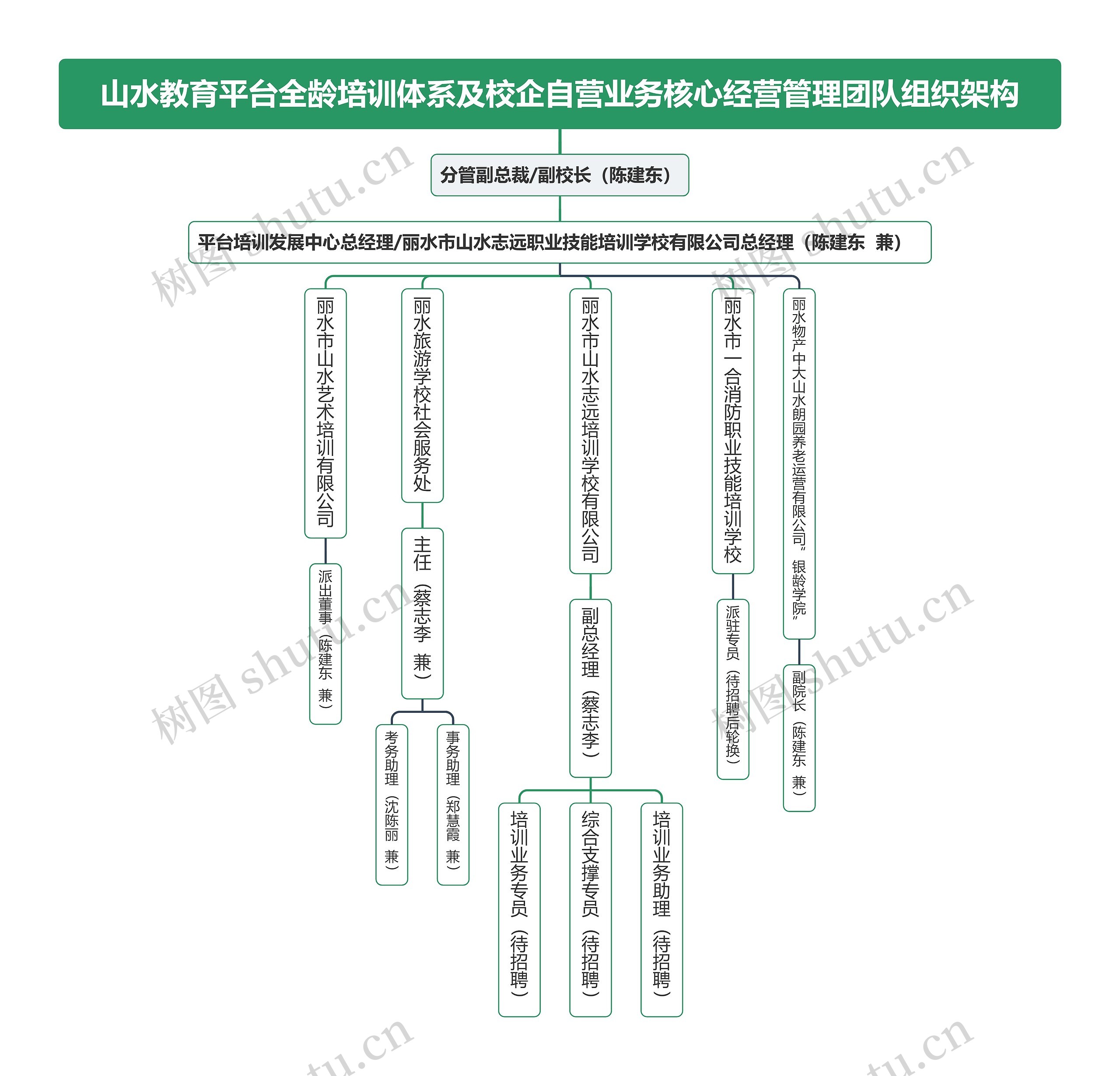 山水教育平台全龄培训体系及校企自营业务核心经营管理团队组织架构思维导图