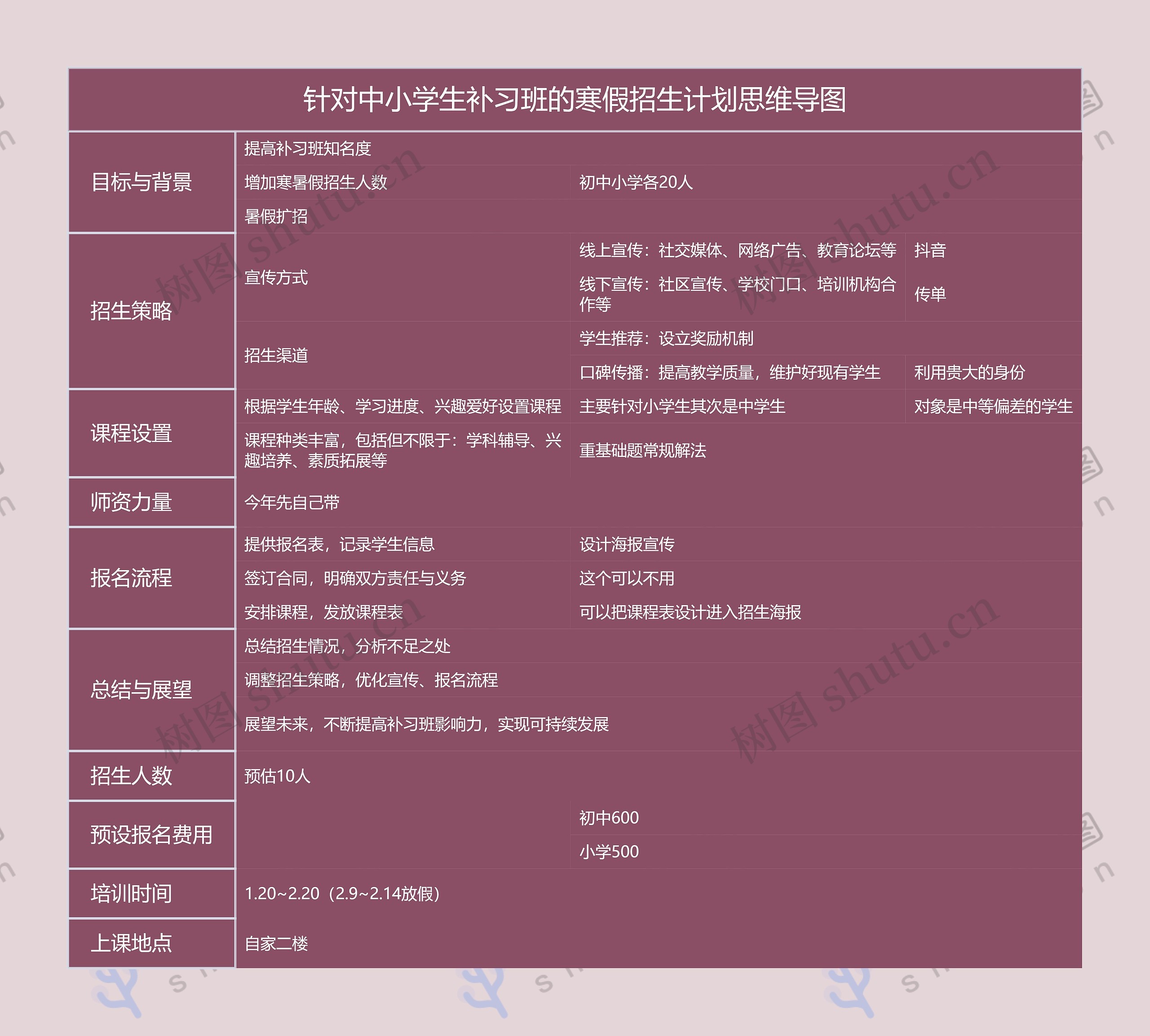 针对中小学生补习班的寒假招生计划思维导图