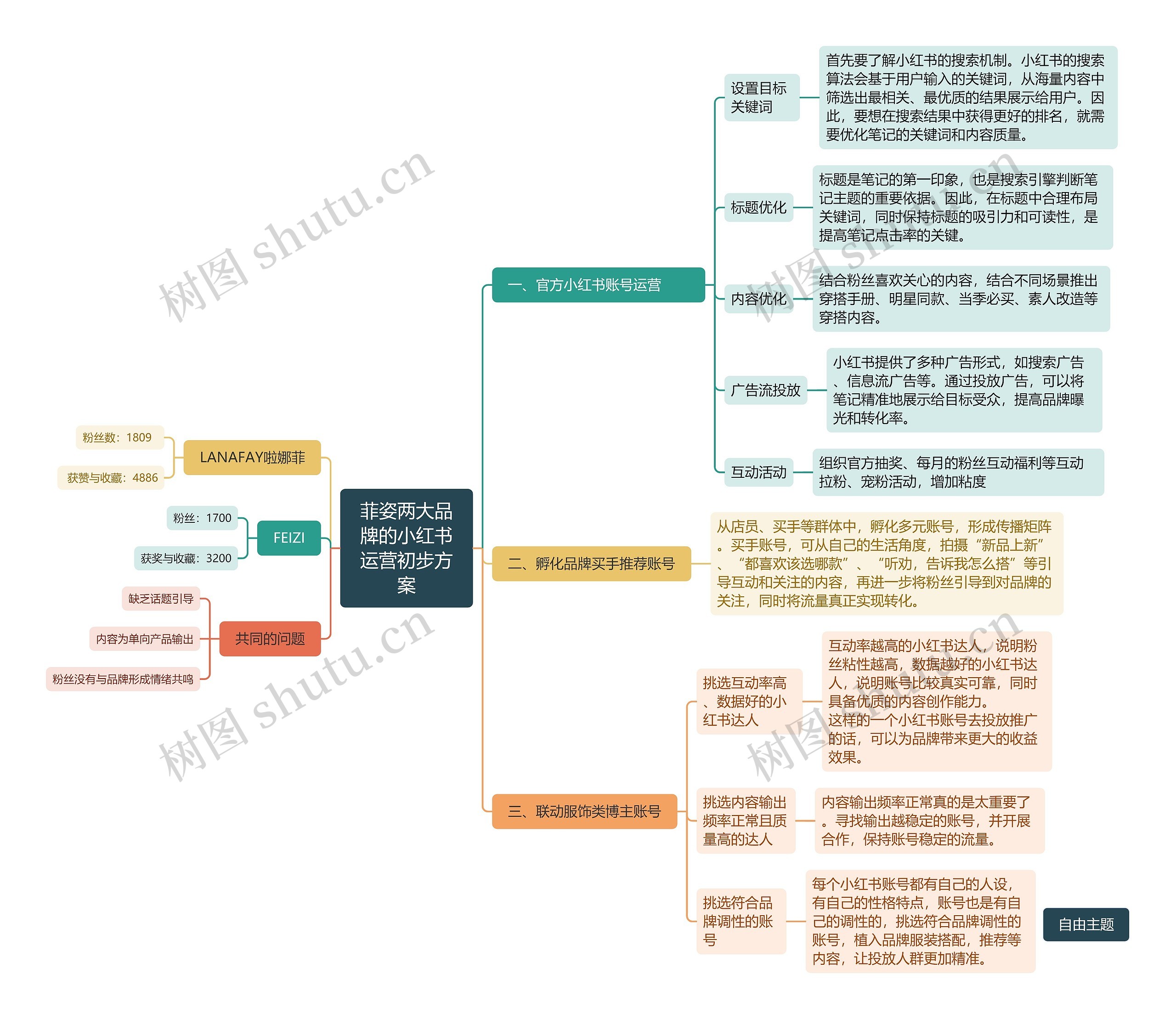 菲姿两大品牌的小红书运营初步方案思维导图