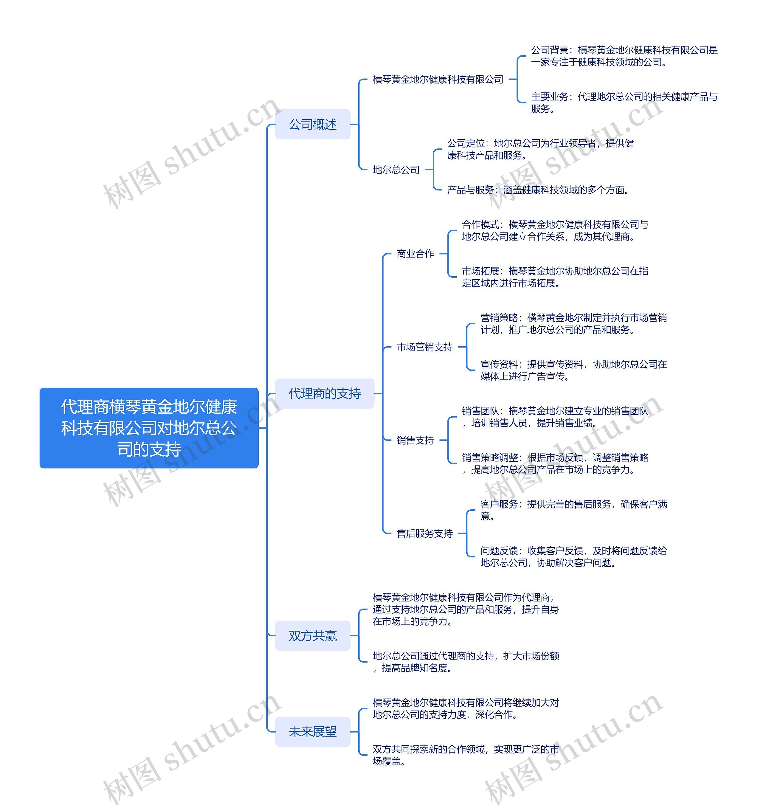 代理商横琴黄金地尔健康科技有限公司对地尔总公司的支持思维导图